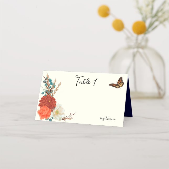 Monarch Butterfly Fall Floral Ivory Place Card (Front)