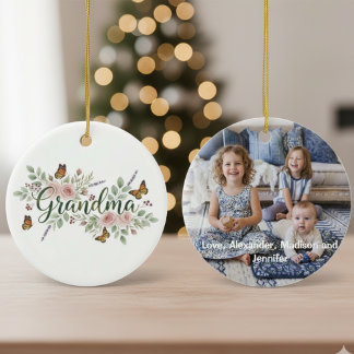 Monarch Butterfly Floral Grandma Photo Ceramic Ornament