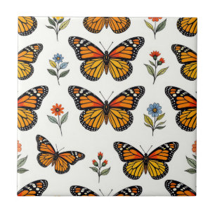Monarch Butterfly Floral Pattern Ceramic Tile