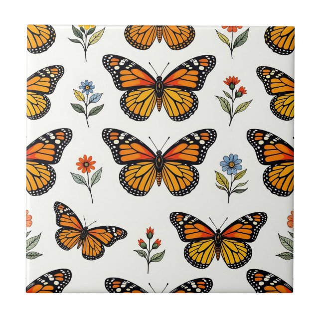 Monarch Butterfly Floral Pattern Ceramic Tile (Front)
