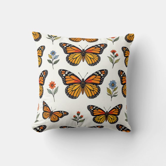 Monarch Butterfly Floral Pattern Cushion (Front)