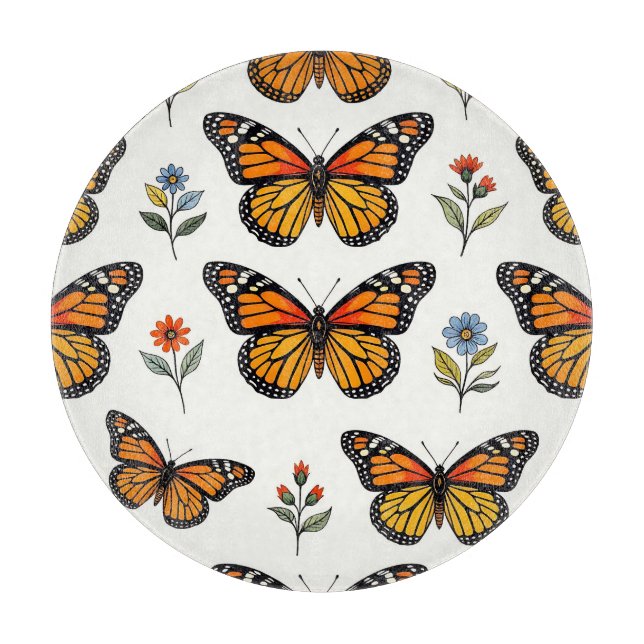 Monarch Butterfly Floral Pattern Cutting Board (Front)