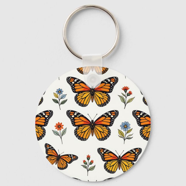 Monarch Butterfly Floral Pattern Key Ring (Front)