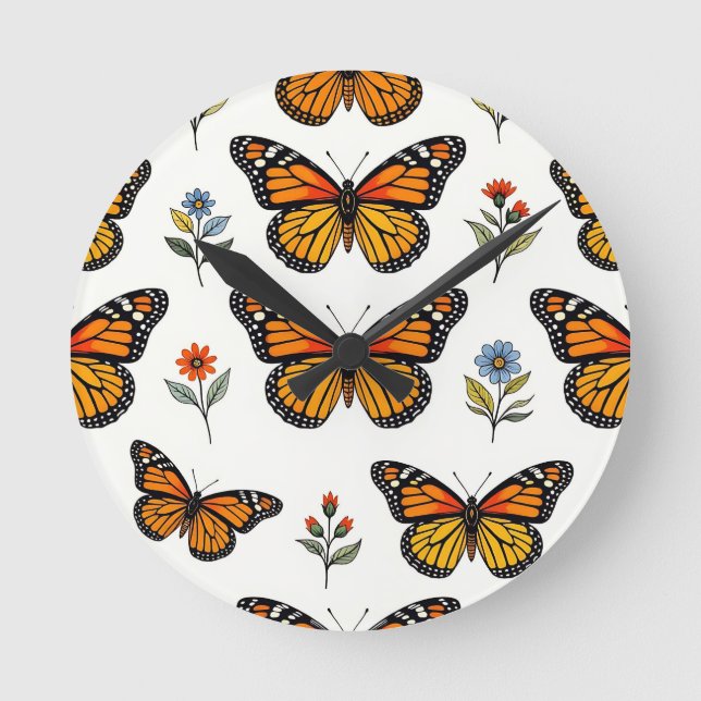 Monarch Butterfly Floral Pattern Round Clock (Front)