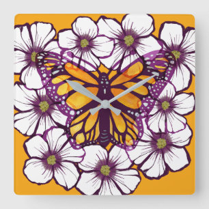 Monarch Butterfly Floral Square Wall Clock
