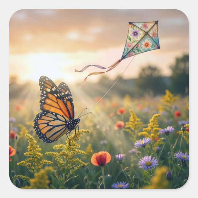 Monarch Butterfly Flying a Kite Square Sticker (Front)