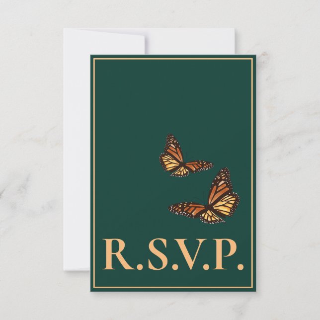 Monarch Butterfly Forest Green QRC RSVP Card (Front)