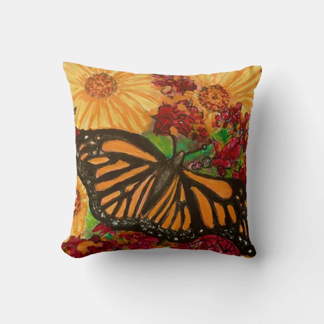 Monarch Butterfly Garden Sunflowers Watercolor Cushion (Front)