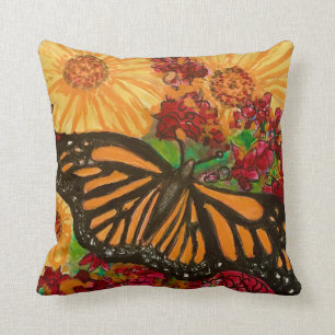 Monarch Butterfly Garden Sunflowers Watercolor Cushion