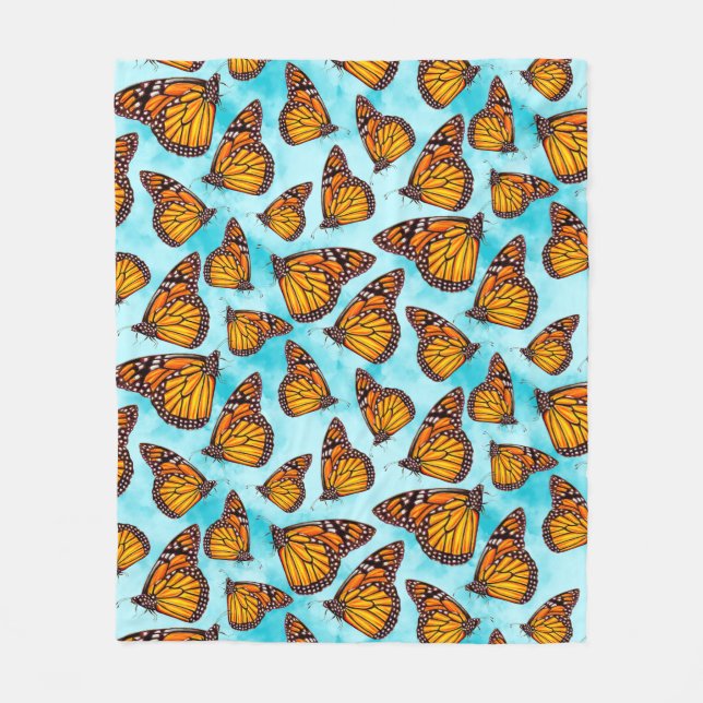 Monarch Butterfly Illustration on Clouds Fleece Blanket (Front)