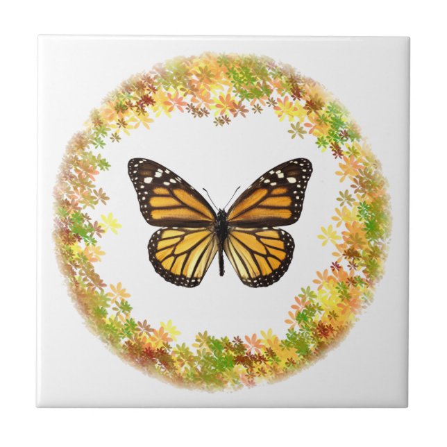 Monarch butterfly in frame of leaves ceramic tile (Front)