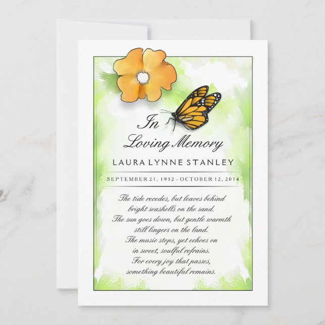 Monarch Butterfly In Memory of Thank You Card (Front)