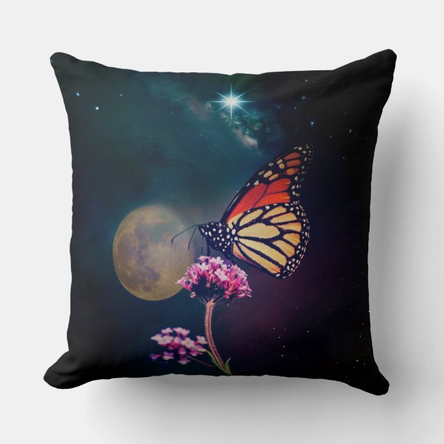 Monarch Butterfly Moon and North Star Night Sky Cushion (Front)