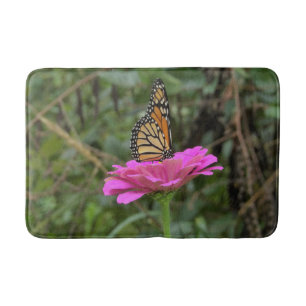 Monarch Butterfly on a Pretty Pink Zinnia Flower Bath Mat
