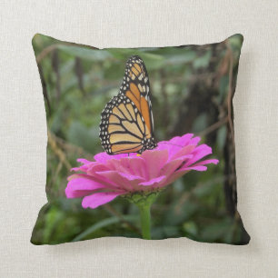 Monarch Butterfly on a Pretty Pink Zinnia Flower Cushion
