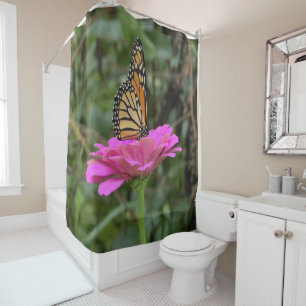 Monarch Butterfly on a Pretty Pink Zinnia Flower Shower Curtain