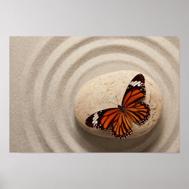 Monarch Butterfly on a Stone in a Zen Garden Poster (Front)