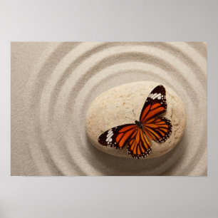 Monarch Butterfly on a Stone in a Zen Garden Poster