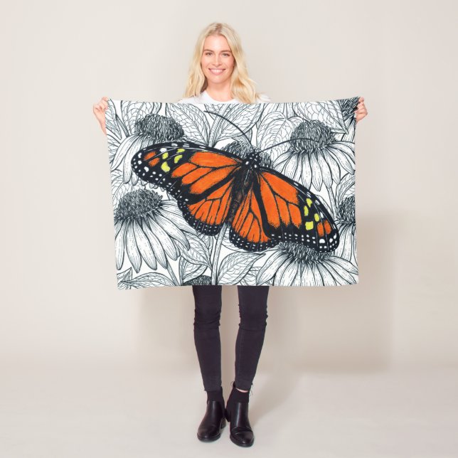 Monarch butterfly on coneflowers fleece blanket (In Situ)