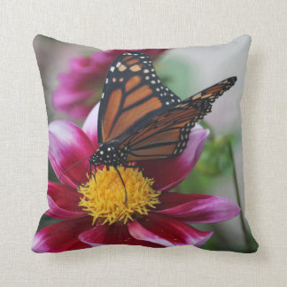 Monarch Butterfly on Deep Pink Dahlia Flower Photo Cushion