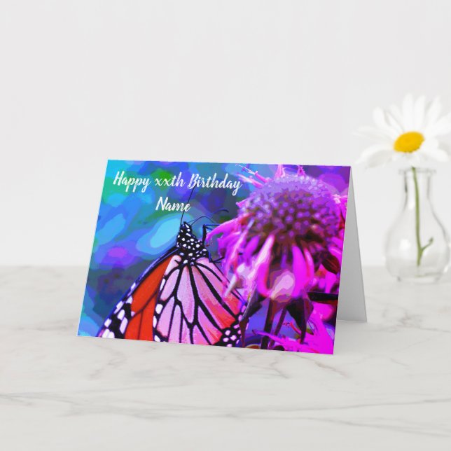 Monarch Butterfly On Flower Art Birthday  Card (Small Plant)