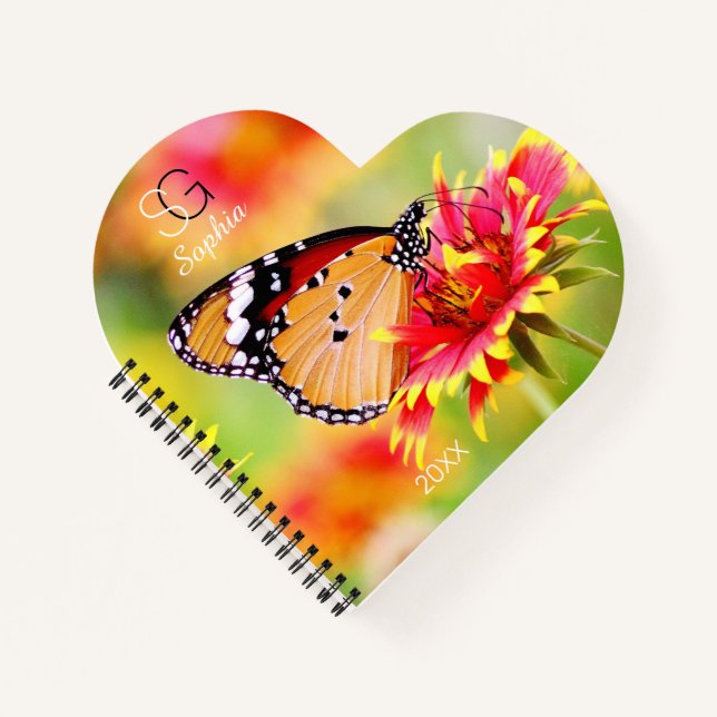 Monarch Butterfly on Flower, Name Monogram Year Notebook (Front)