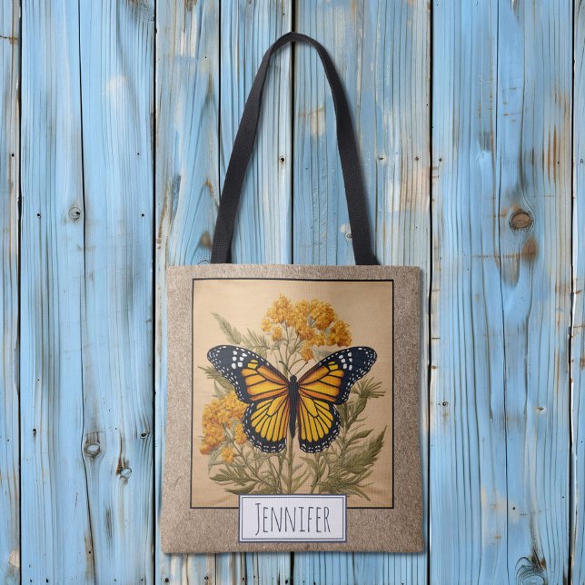 Monarch Butterfly on Goldenrod Flowers Name Tote Bag (Creator Uploaded)