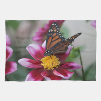Monarch Butterfly on Hot Pink Dahlia Flower Photo Tea Towel