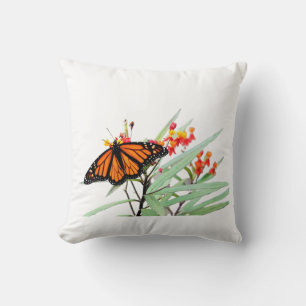 Monarch Butterfly on Milkweed Blooms, White Cushion