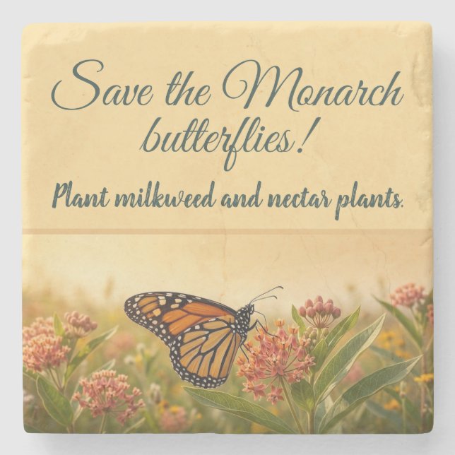 Monarch butterfly on milkweed stone coaster (Front)