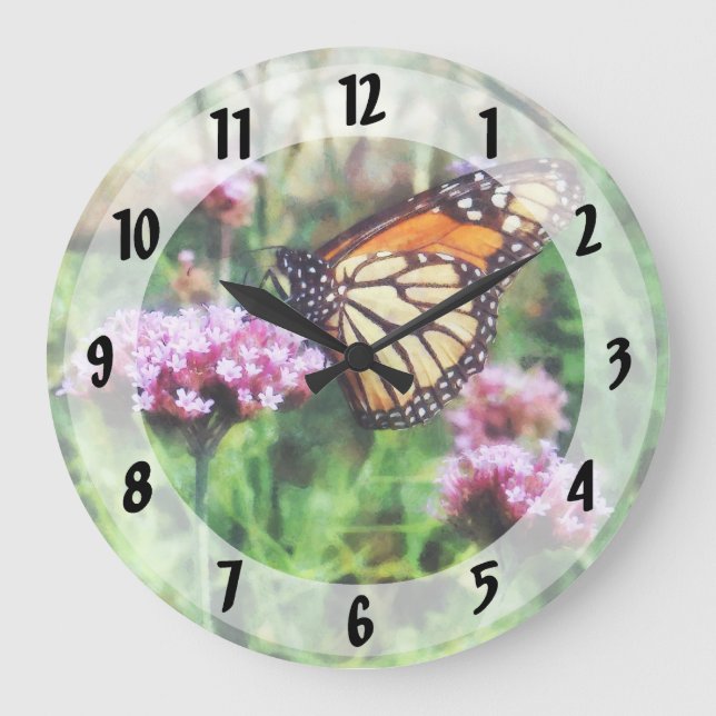 Monarch Butterfly on Pink Lantana Large Clock (Front)