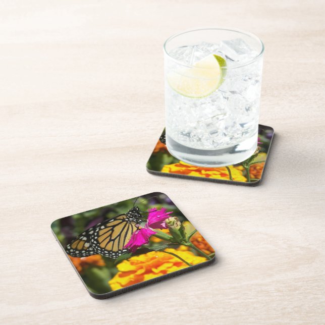 Monarch butterfly on pink marigold-cork coaster (Right Side)