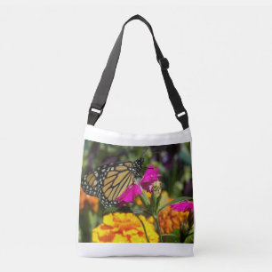 Monarch Butterfly on Pink Marigold Flower Crossbody Bag