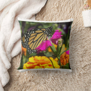 Monarch Butterfly on Pink Marigold Flower Cushion