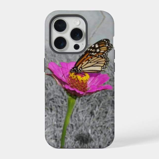 Monarch Butterfly on pink zinnia iPhone Case (Back)