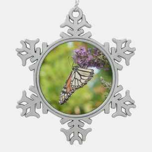 Monarch Butterfly on Purple Butterfly Bush Snowflake Pewter Christmas Ornament