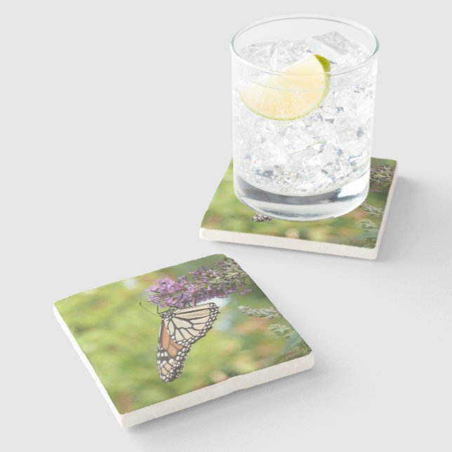 Monarch Butterfly on Purple Butterfly Bush Stone Coaster (Side)