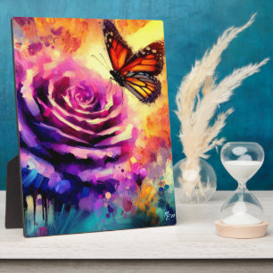 Monarch Butterfly on Purple Rose at Sunset Floral Plaque