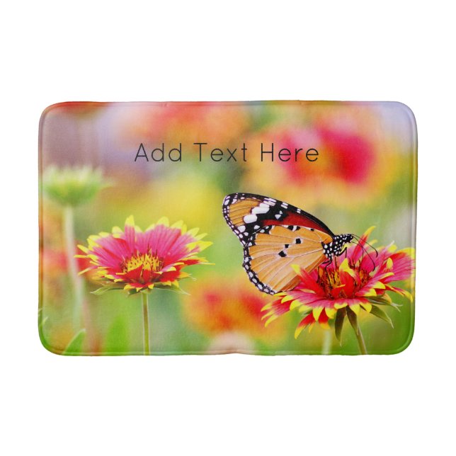 Monarch Butterfly on Red and Yellow Flower Bath Mat (Front)