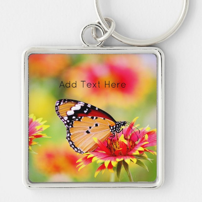 Monarch Butterfly on Red and Yellow Flower Key Ring (Front)