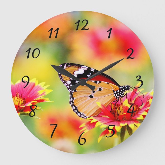 Monarch Butterfly on Red and Yellow Flower Large Clock (Front)