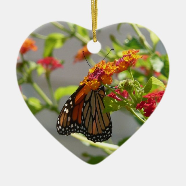 Monarch Butterfly on Red Butterfly Bush Ceramic Ornament (Front)