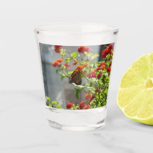 Monarch Butterfly on Red Butterfly Bush Shot Glass