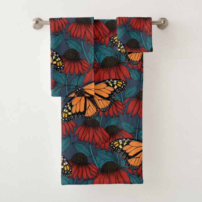 Monarch butterfly on red coneflowers bath towel set (Insitu)