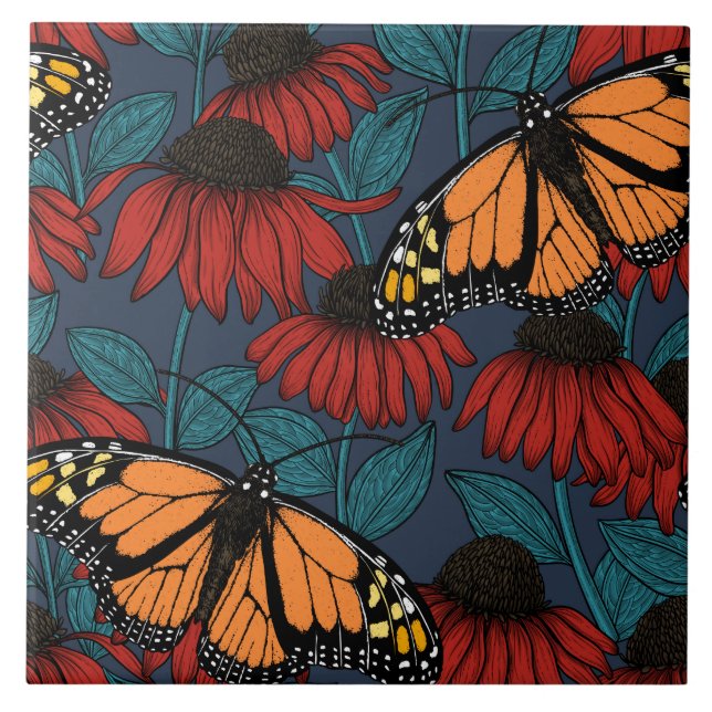 Monarch butterfly on red coneflowers ceramic tile (Front)