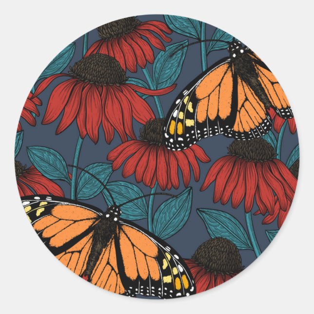 Monarch butterfly on red coneflowers classic round sticker (Front)