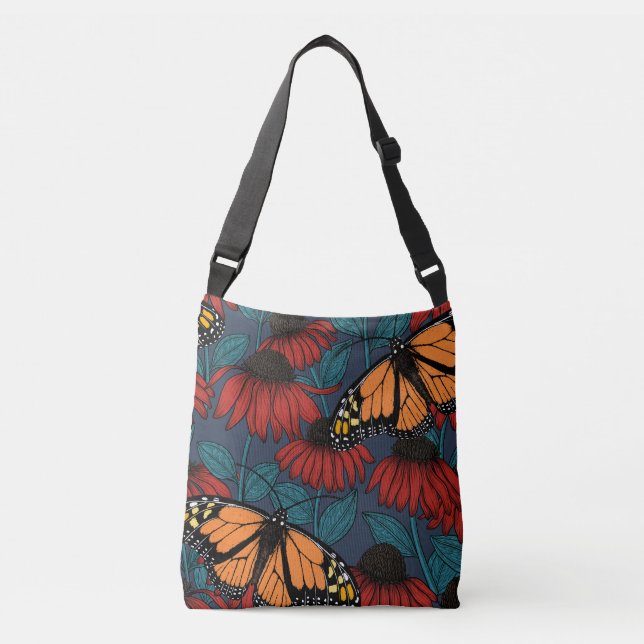 Monarch butterfly on red coneflowers crossbody bag (Front)