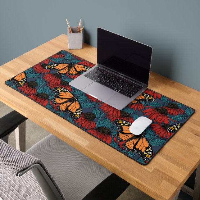 Monarch butterfly on red coneflowers desk mat (Office 2)
