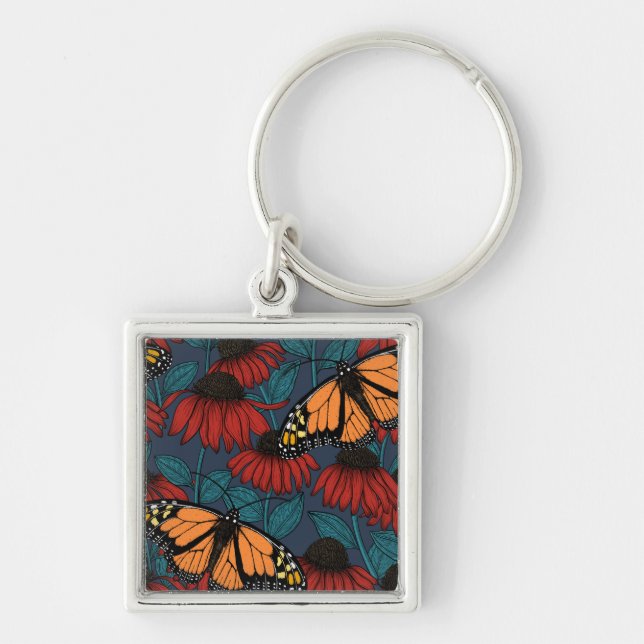 Monarch butterfly on red coneflowers key ring (Front)