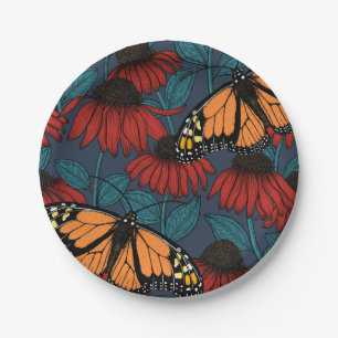 Monarch butterfly on red coneflowers paper plate